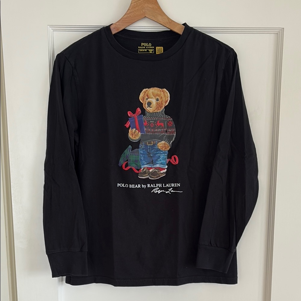 Polo by Ralph Lauren Kids Black Long Sleeve Tee with Bear Holding Gift